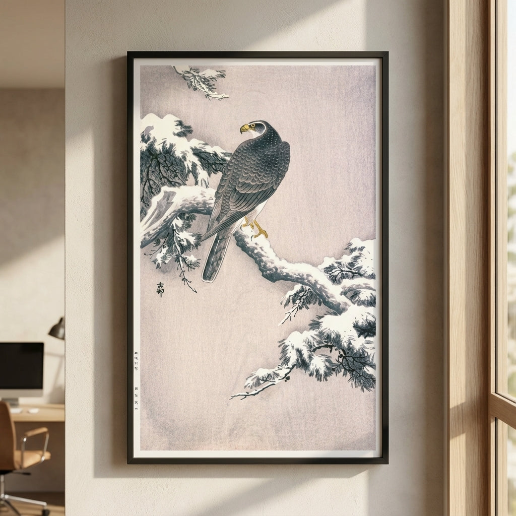 Goshawk on Snow-covered Pine Bough by Ohara Koson