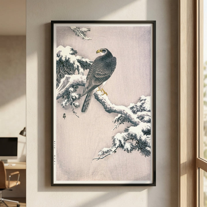 Goshawk on Snow-covered Pine Bough by Ohara Koson