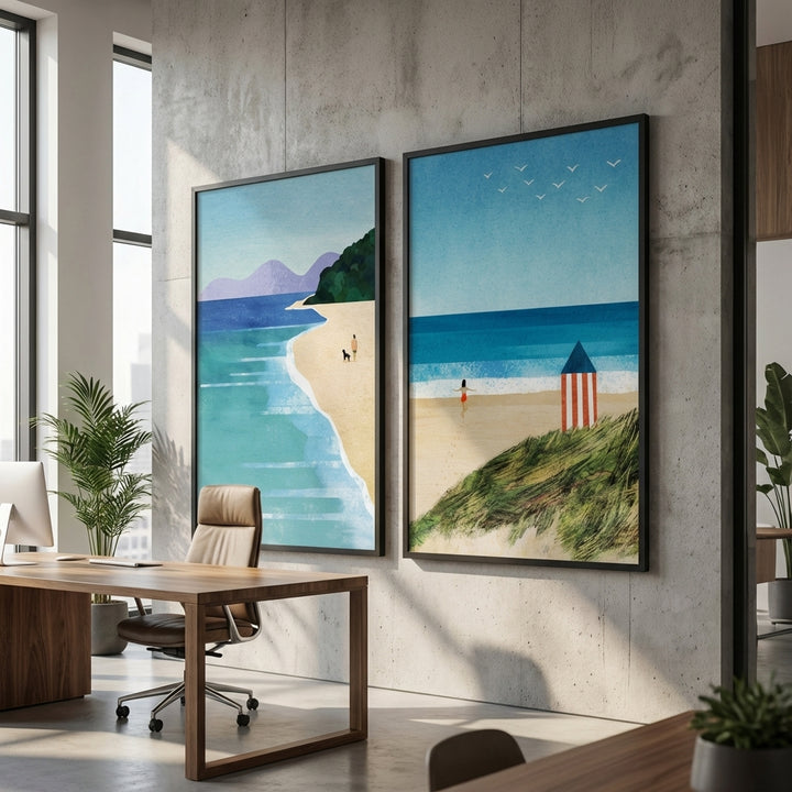 Morning Brighton Beach Stroll Set of 2 Abstract Prints by Henry Rivers