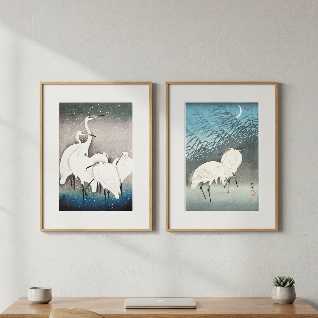 Egret Japanese Birds Woodblock Prints Set of 2 by Ohara Koson