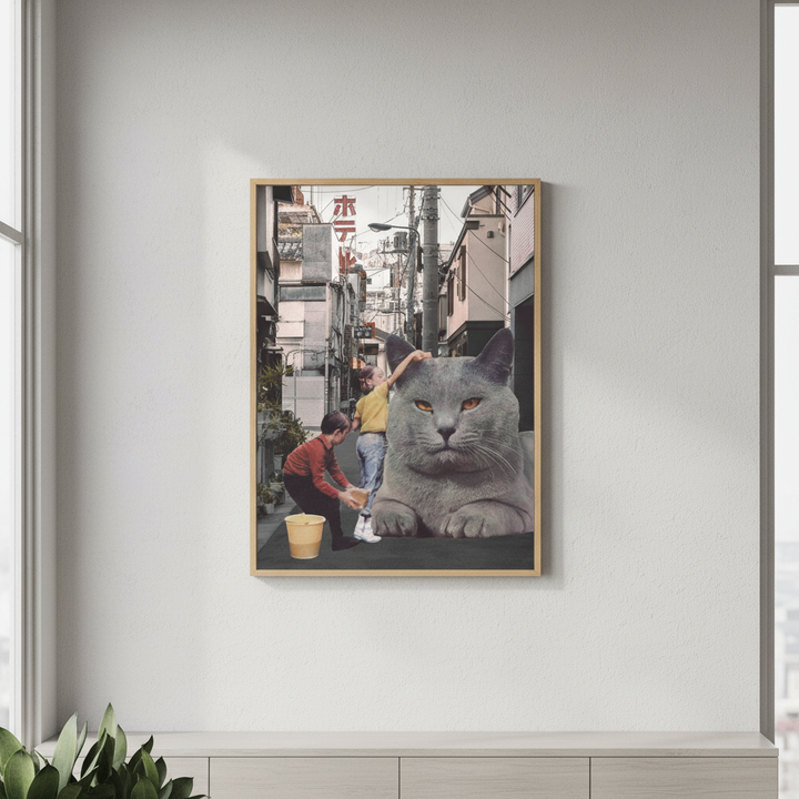 Children Washing a Giant Cat in Tokyo Streets by Florent Bodart