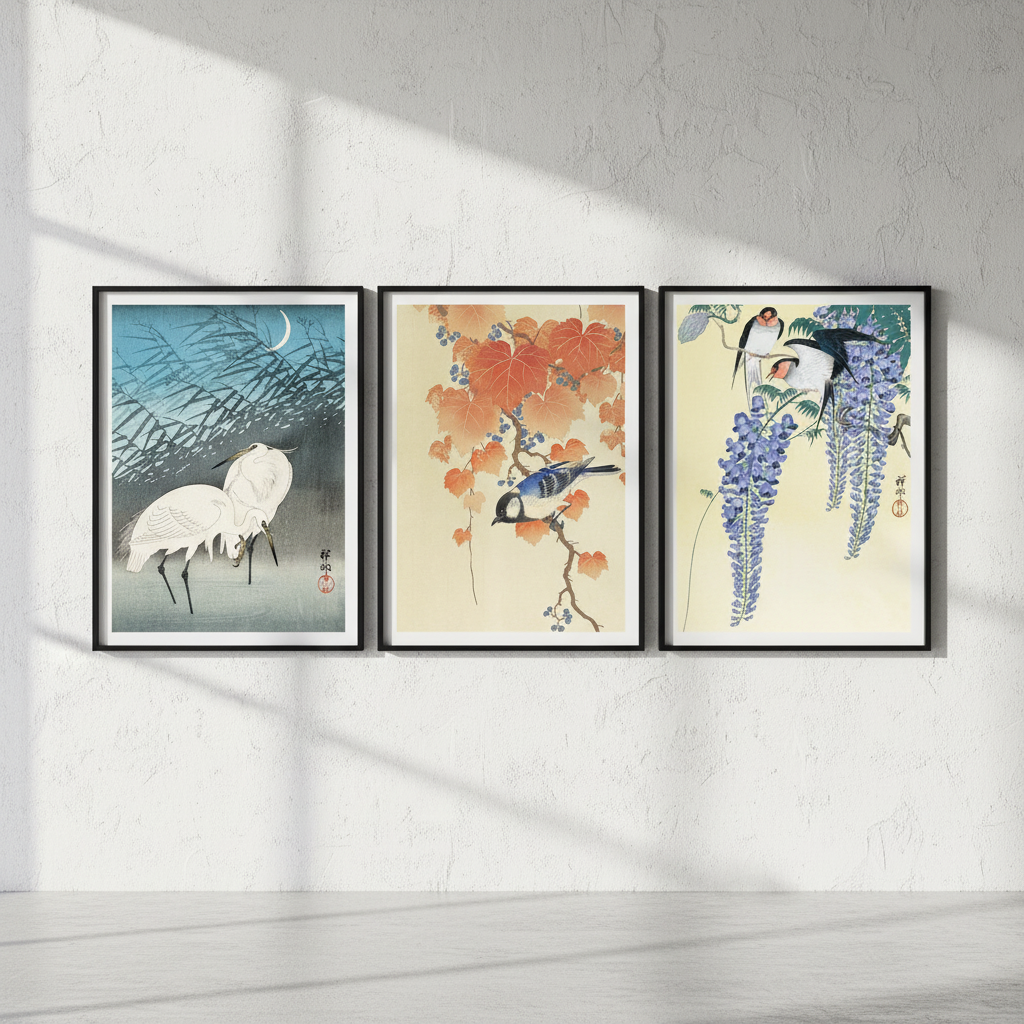 Trio of Woodblock Print Birds by Ohara Koson