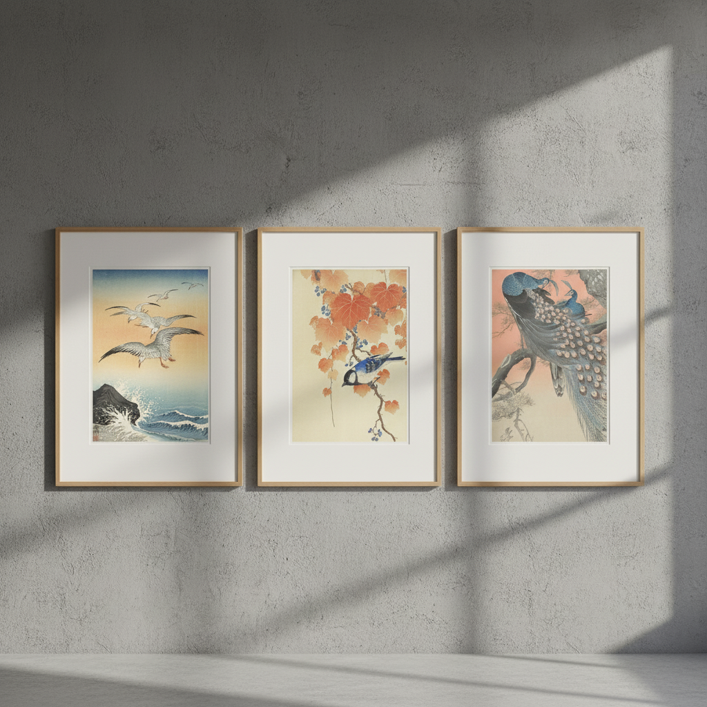 Trio of Japanese Orange Woodblock Bird Prints by Ohara Koson