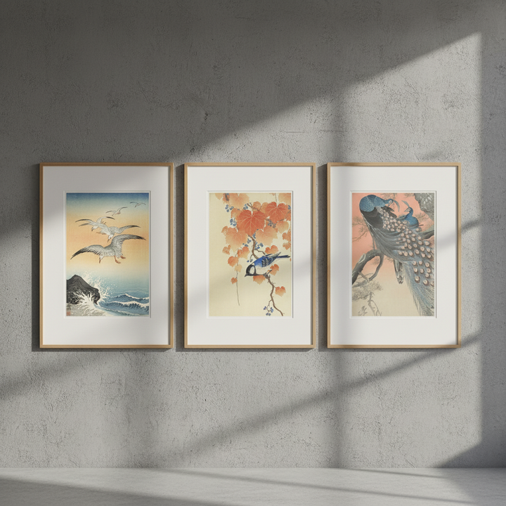 Trio of Japanese Orange Woodblock Bird Prints by Ohara Koson