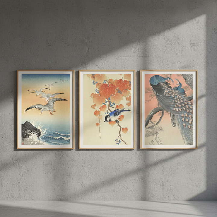 Trio of Japanese Orange Woodblock Bird Prints by Ohara Koson
