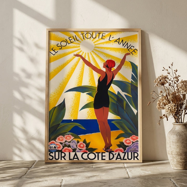 French Riviera Art Deco Poster Woman Sunbathing Vintage