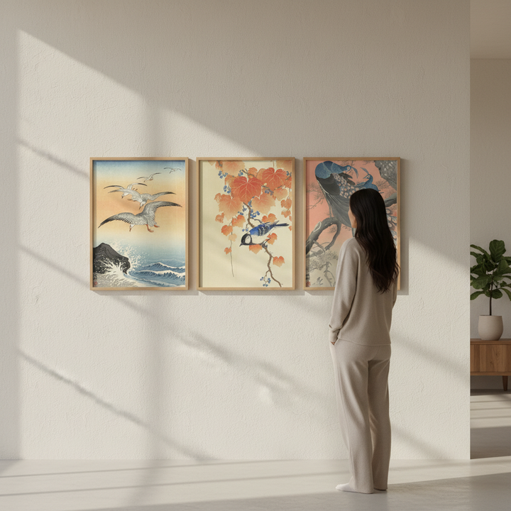 Trio of Japanese Orange Woodblock Bird Prints by Ohara Koson