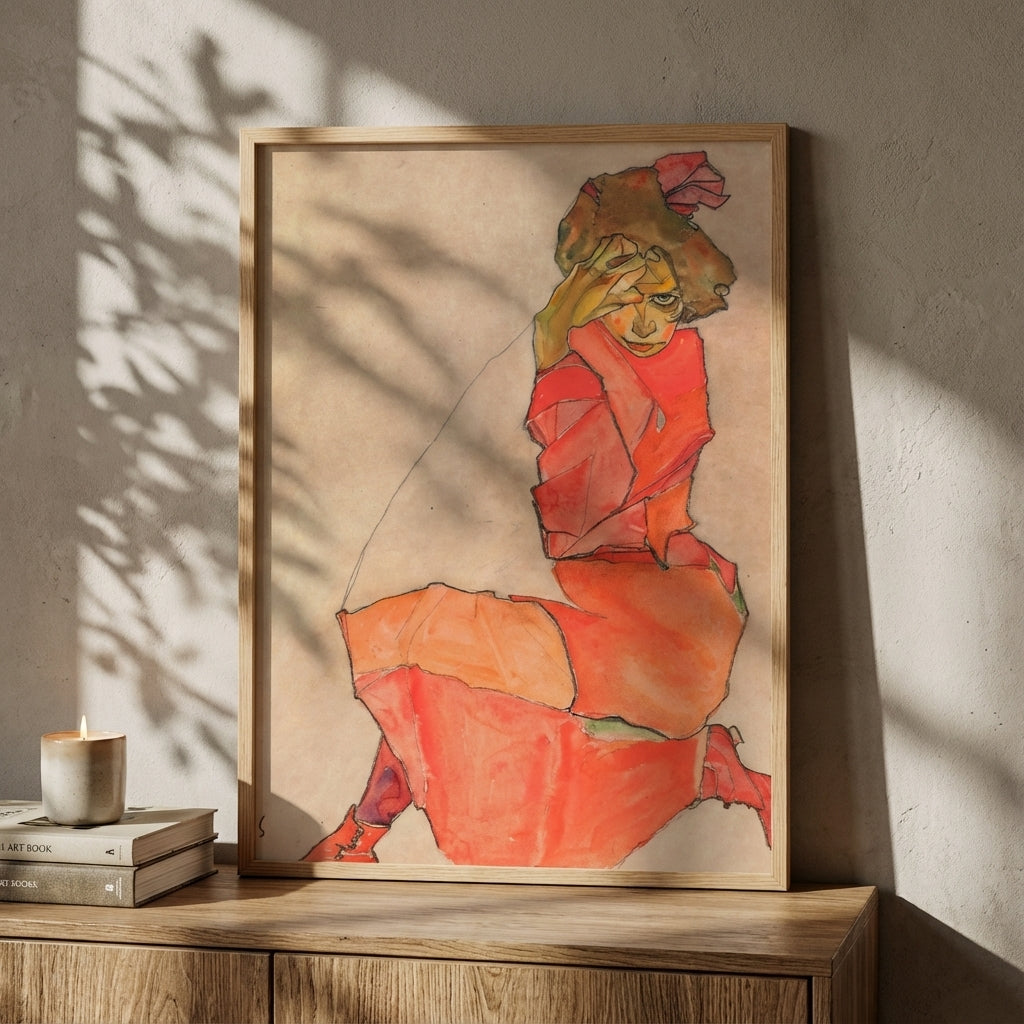 Egon Schiele - Kneeling Female in Orange Red Dress 1910