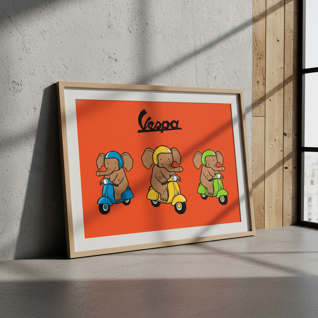 Elephant Riding Vespa Landscape Vintage Art