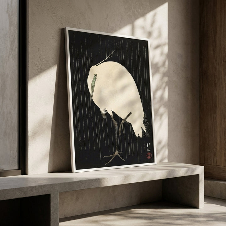 White Heron Standing in the Rain by Ohara Koson