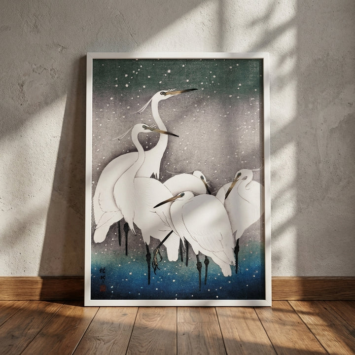 Egrets Birds in Snow 1925 Japanese Woodblock Print