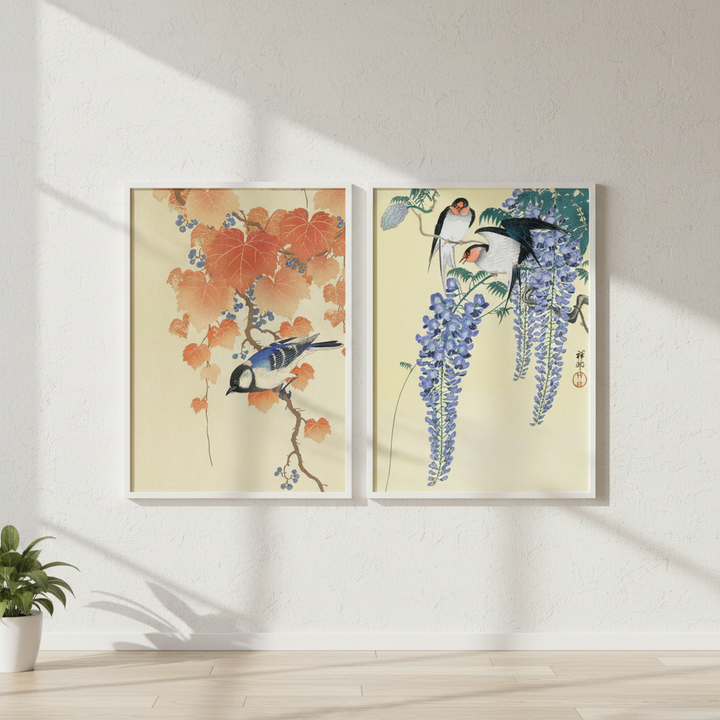 Bird and Swallow Set of 2 Japanese Woodblock Prints by Ohara Koson