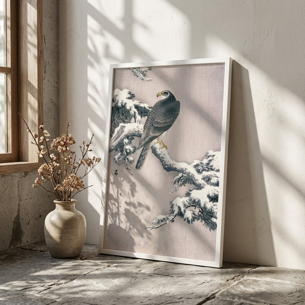 Goshawk on Snow-covered Pine Bough by Ohara Koson
