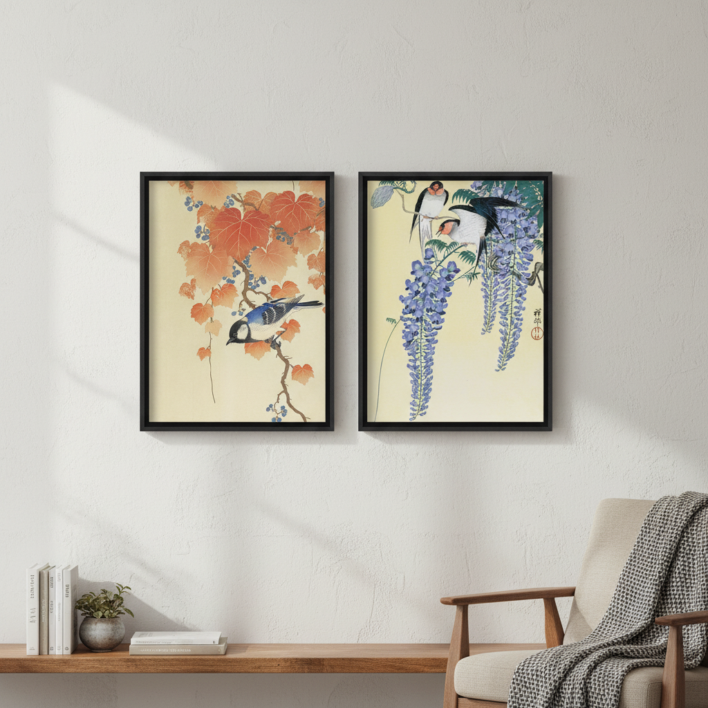 Bird and Swallow Set of 2 Japanese Woodblock Prints by Ohara Koson