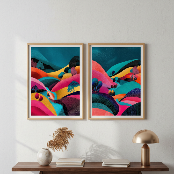 Set of 2 Japanese Evening Pop Art Hills Abstract Flow