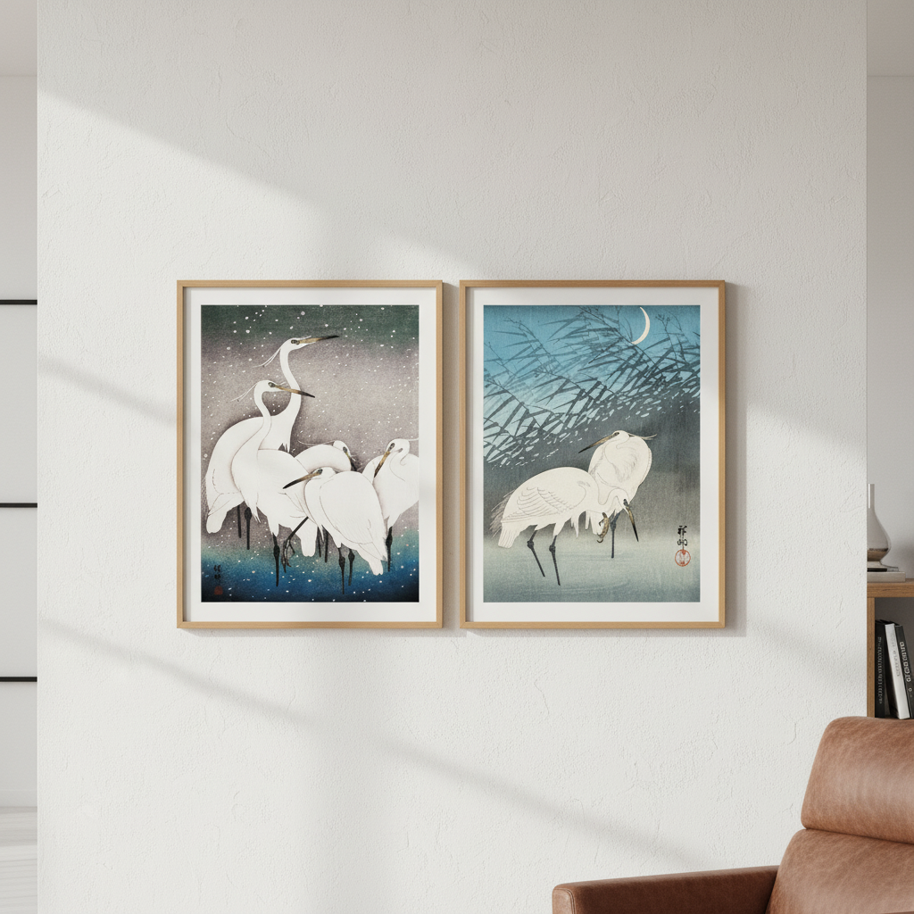 Egret Japanese Birds Woodblock Prints Set of 2 by Ohara Koson