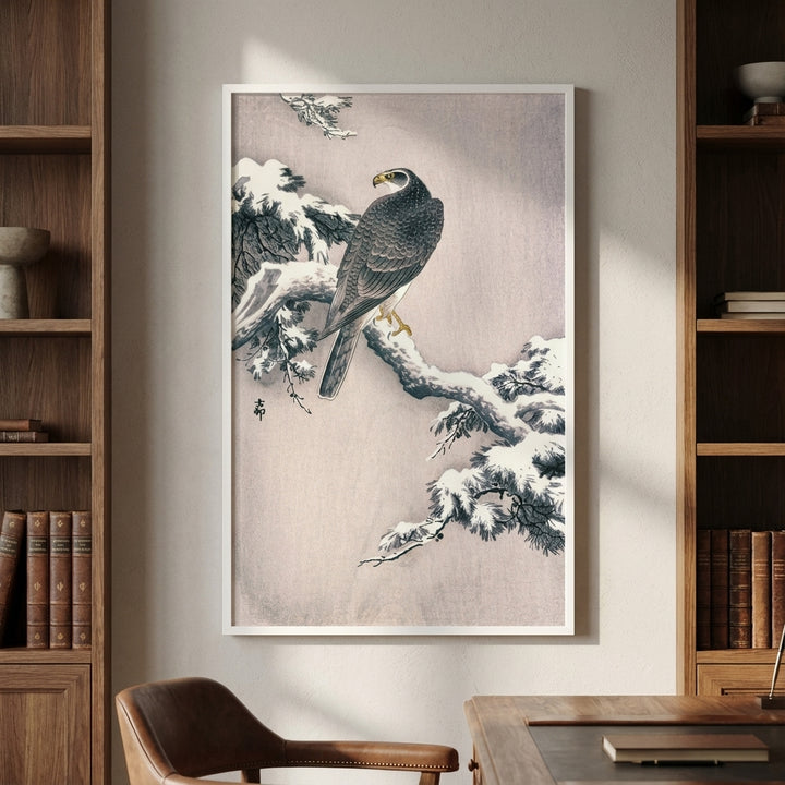 Goshawk on Snow-covered Pine Bough by Ohara Koson