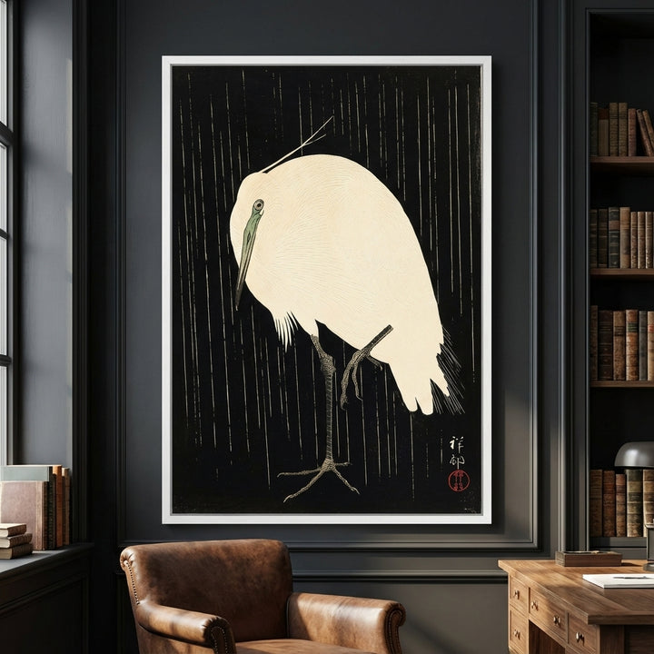 White Heron Standing in the Rain by Ohara Koson