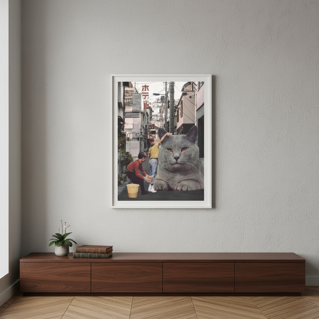 Children Washing a Giant Cat in Tokyo Streets by Florent Bodart
