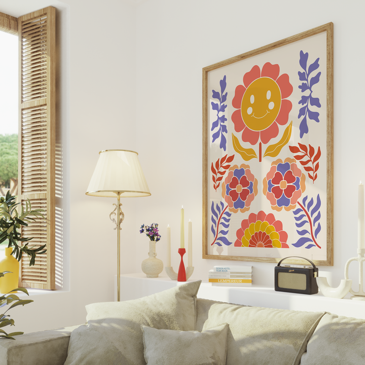 Happy Retro Flowers Artwork,livingroom,timber border