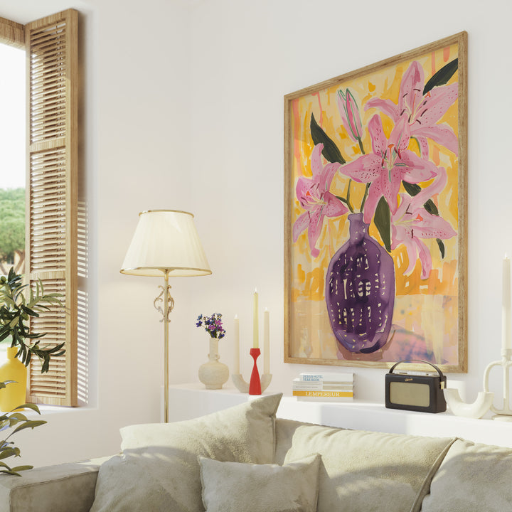 Pink Flowers Art Painting,living room,timber border