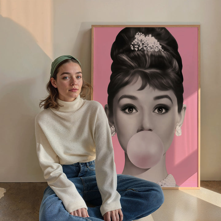 Audrey Hepburn Bubble Gum Pink Wall Art,gallery wall,timber border