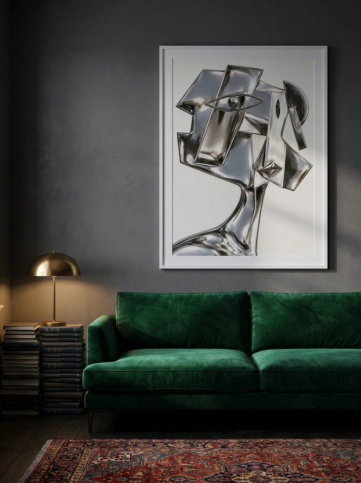 Oversized statement modern wall art print styled on the wall in a moody living room