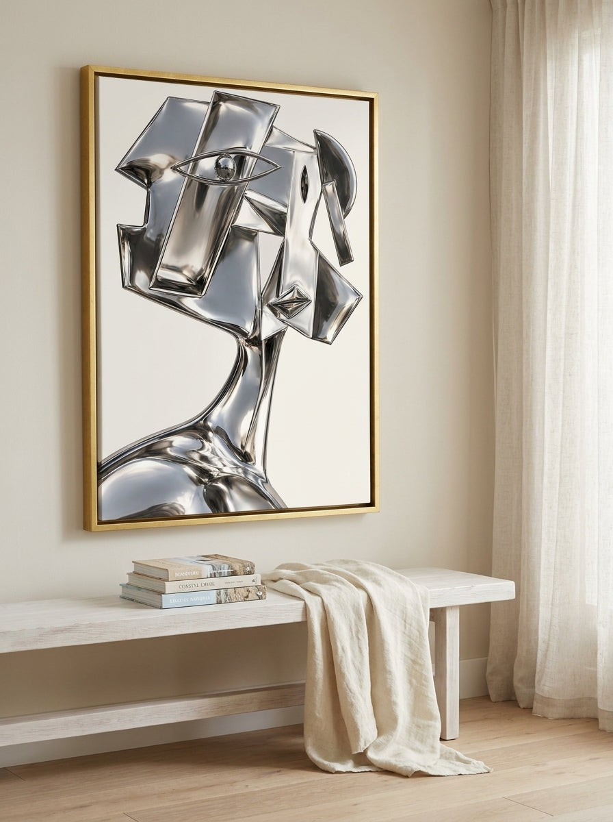 Oversized statement canvas wall art with a gold leaf surround styled on the wall in a coastal living room