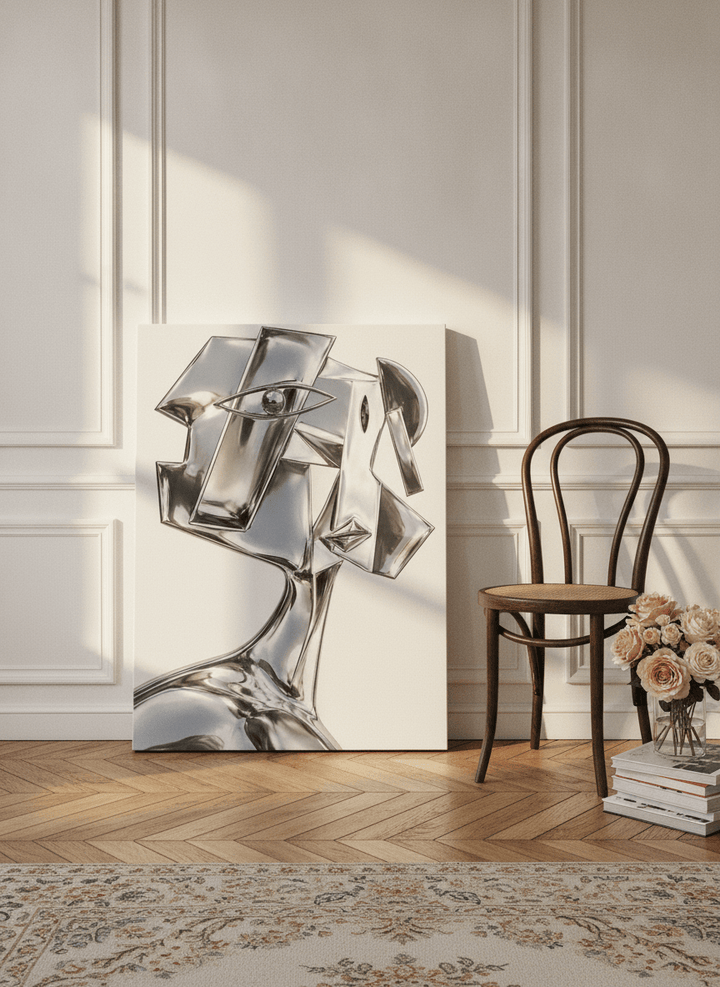 Stretched canvas wall art leaning against the wall in a Parisian home office