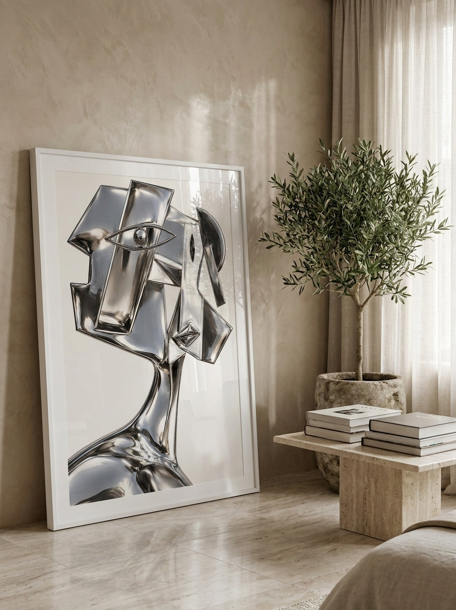 Oversized statement modern wall art print leaning against the wall in a luxe bedroom