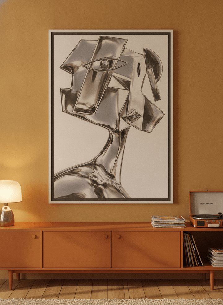 Canvas wall art with a white surround standing on a sideboard in a retro 70s bedroom