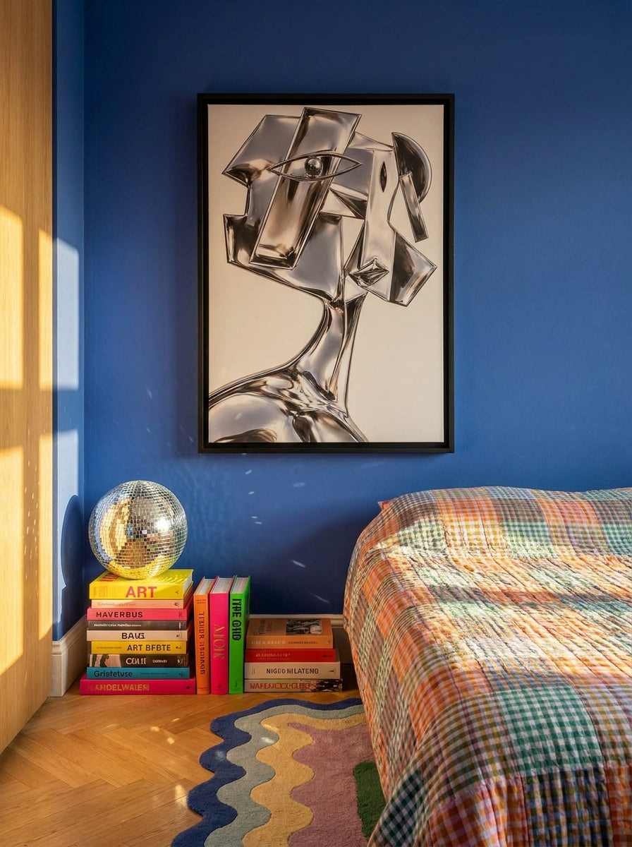 Canvas wall art with a black surround styled on the wall in a colourful eclectic bedroom