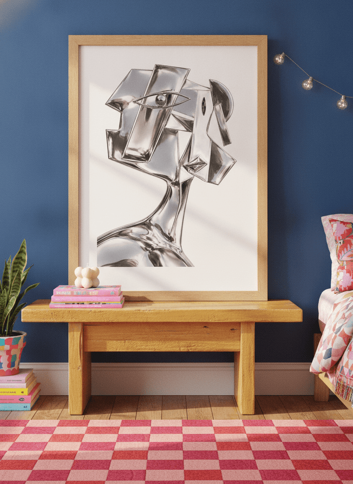 Modern wall art print standing on a side table in a colourful eclectic bedroom