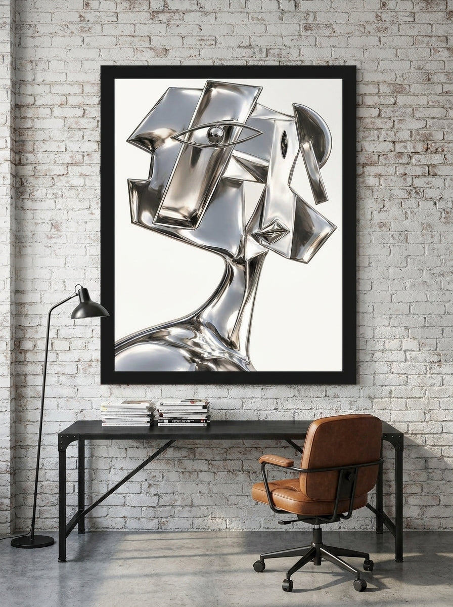 Modern wall art print styled on the wall in an industrial loft home office