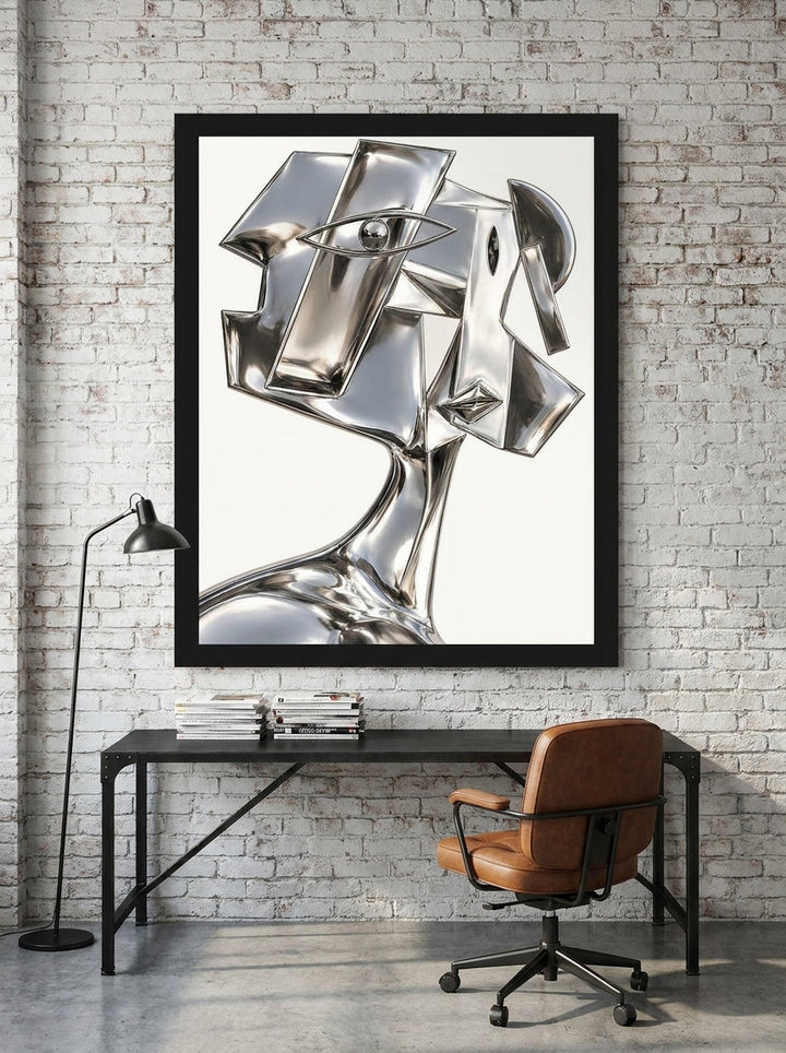 Modern wall art print styled on the wall in an industrial loft home office
