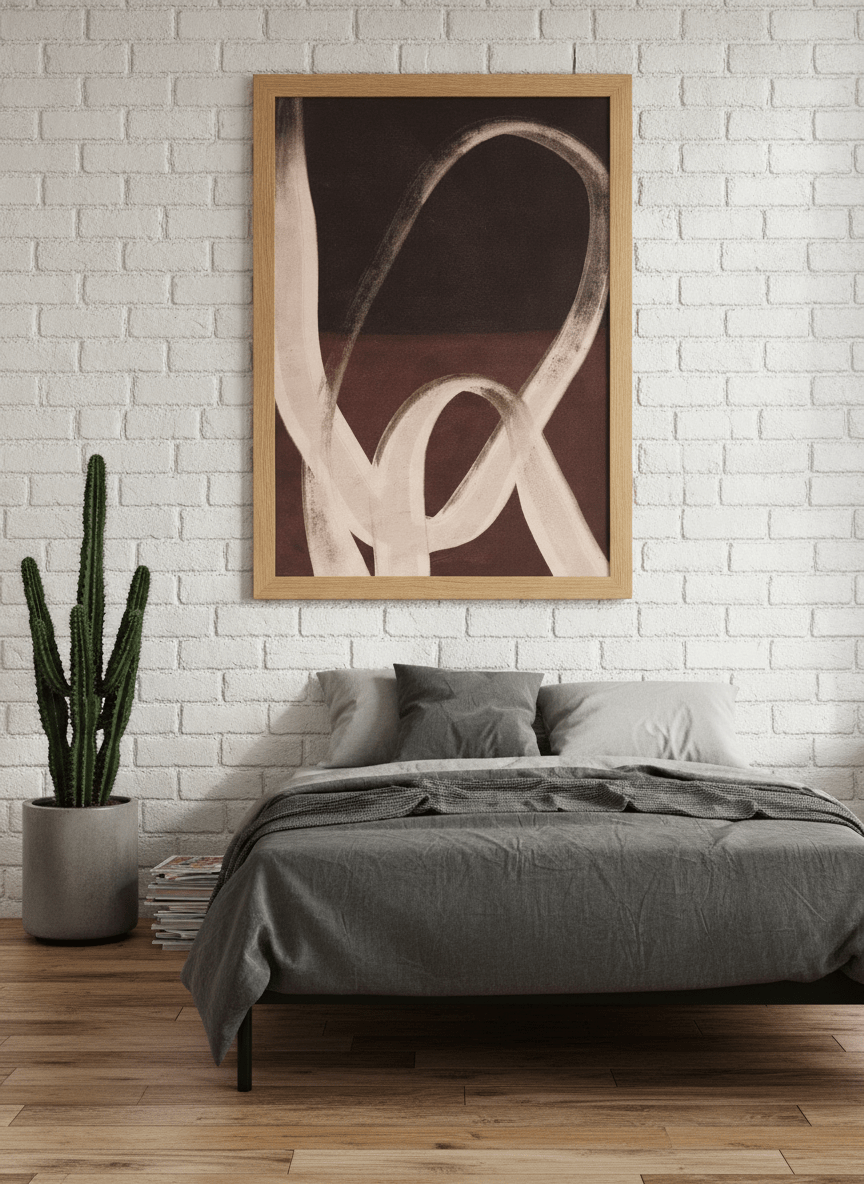 Modern wall art print styled on the wall in an industrial loft bedroom
