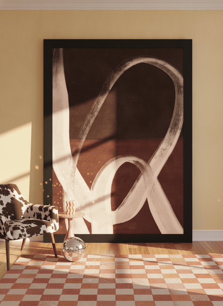 Oversized statement modern wall art print leaning against the wall in a colourful eclectic dining room