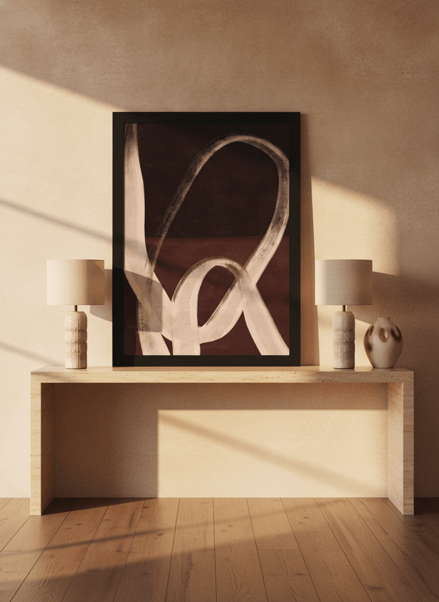 Modern wall art print standing on a console in a luxe home office