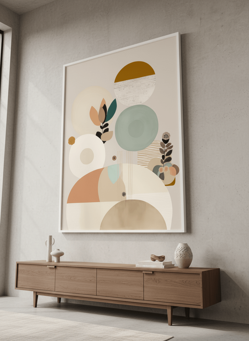 Monumental artwork centred on a feature wall in a luxe interior
