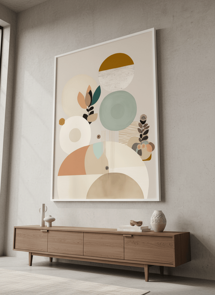 Monumental artwork centred on a feature wall in a luxe interior