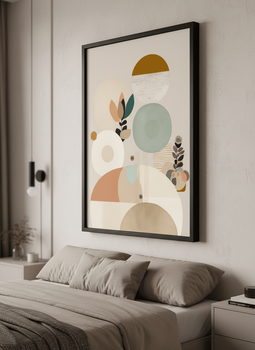 Minimalist artwork displayed in a calm, light-filled bedroom interior