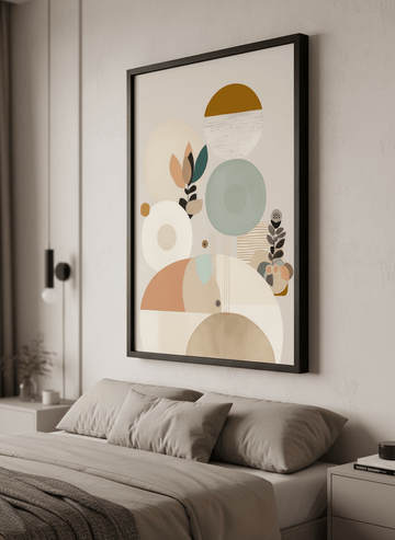 Minimalist artwork displayed in a calm, light-filled bedroom interior
