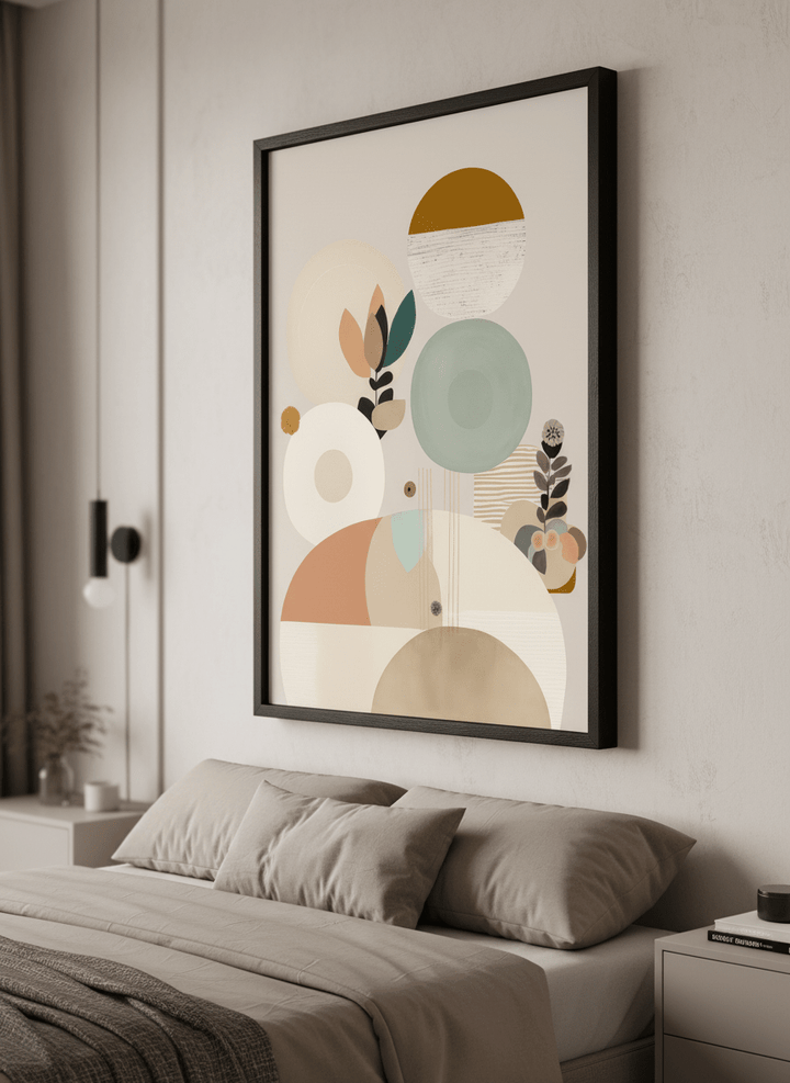 Minimalist artwork displayed in a calm, light-filled bedroom interior