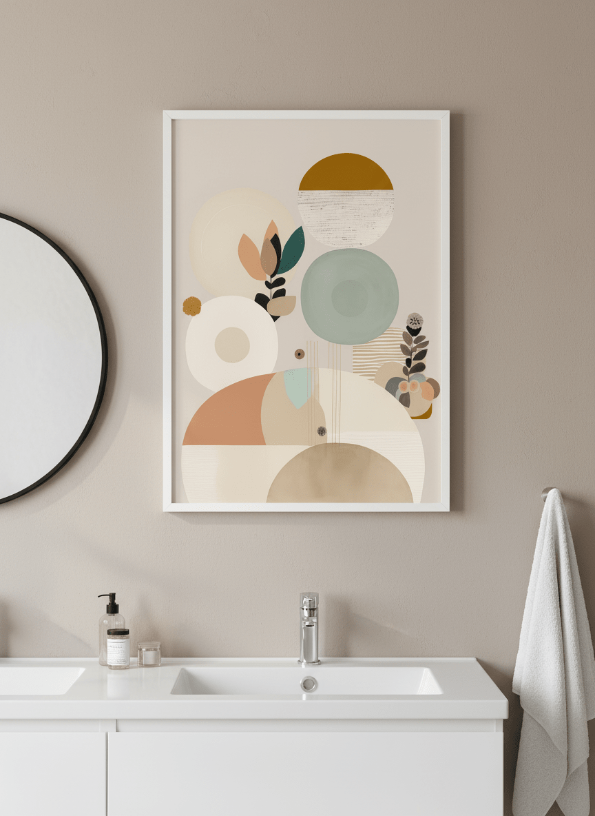 Modern print displayed in a clean minimalist bathroom setting