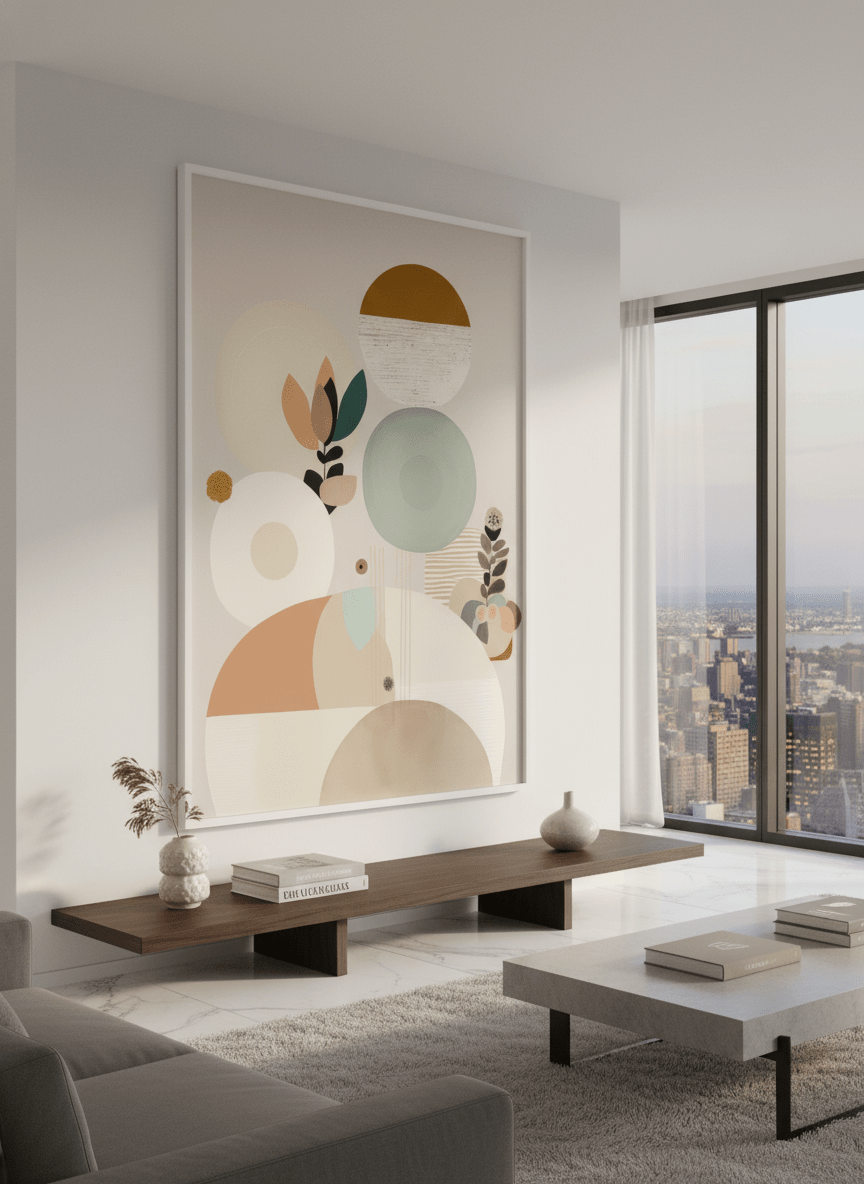 Monumental artwork centred on a feature wall in a luxe interior