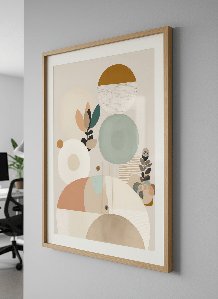 Contemporary wall art featured in a bright modern office workspace