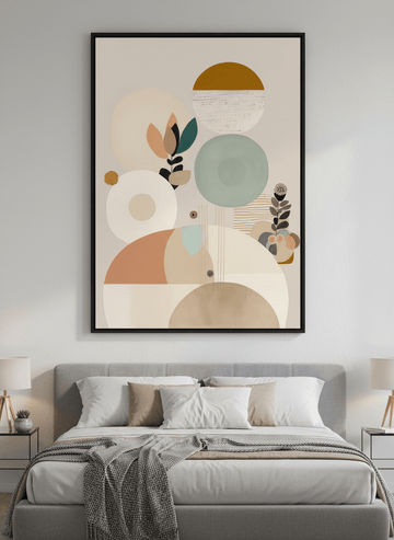 Minimalist artwork displayed in a calm, light-filled bedroom interior