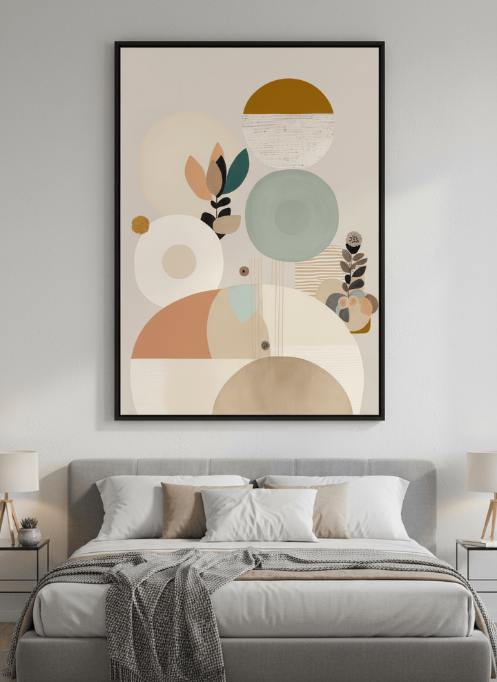 Minimalist artwork displayed in a calm, light-filled bedroom interior