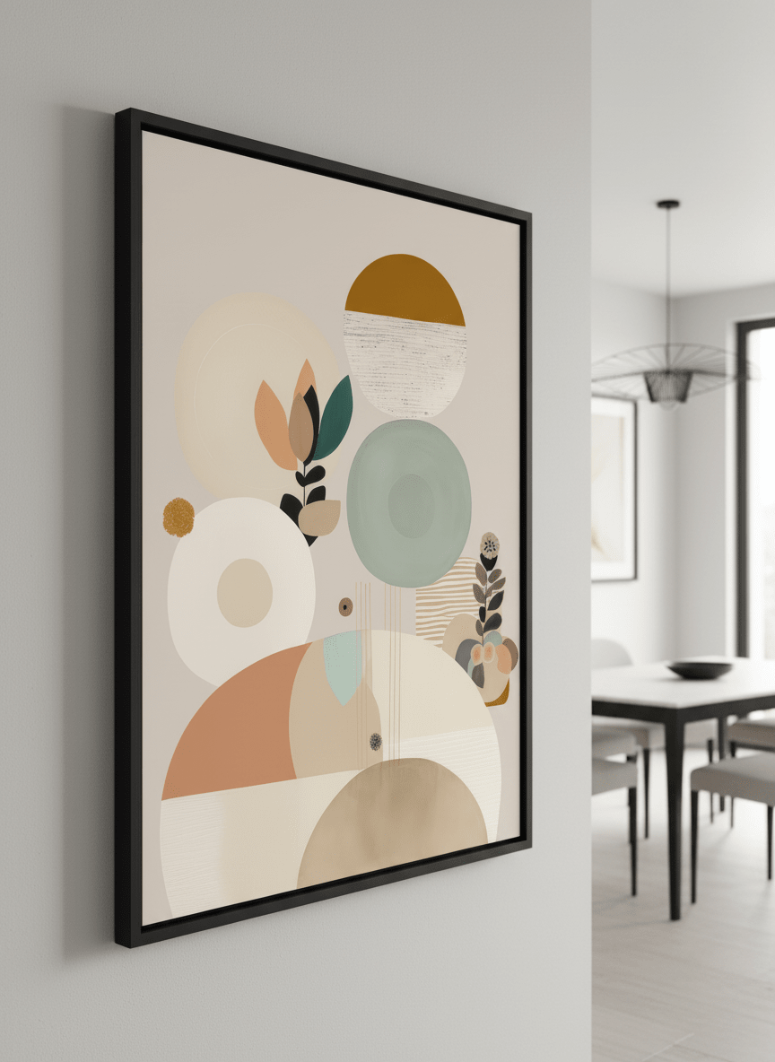 Wall art styled above a dining table in a contemporary home