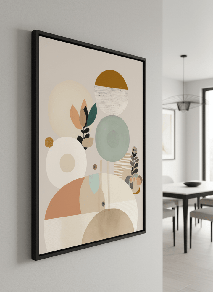 Wall art styled above a dining table in a contemporary home